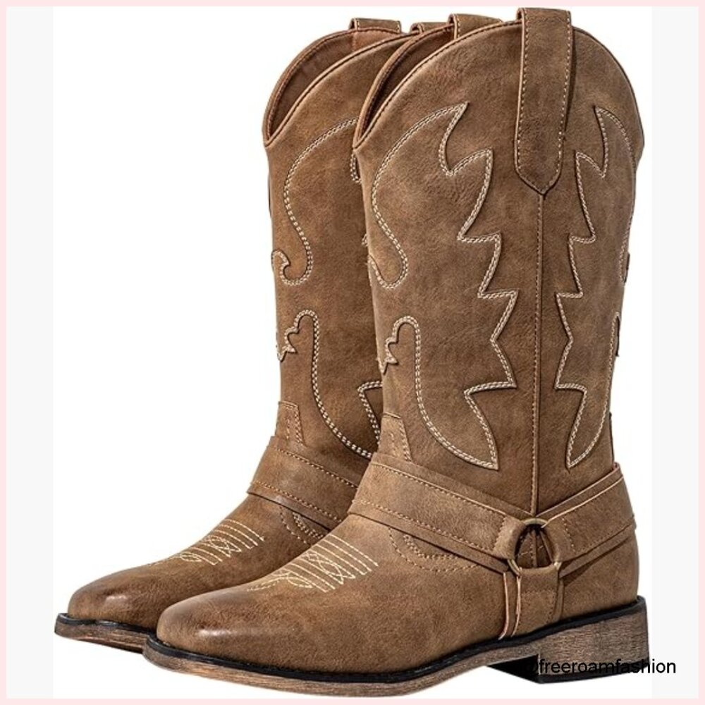 Wide Calf Cowboy Boots With Square Toe, Hidden Elastic, Decorative Buckle